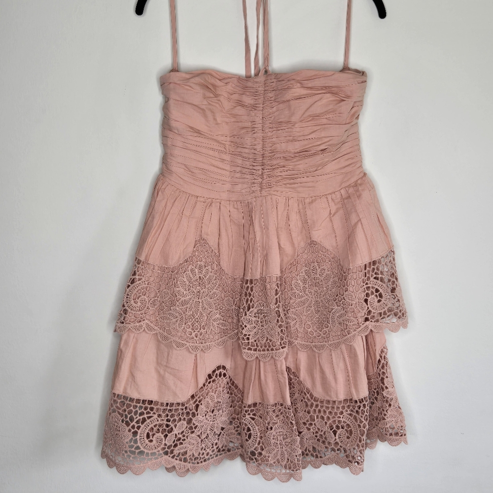 Ulla Johnson Savannah Halter Mini Dress Peach Lace Tiered Boho Romantic - Picture 12 of 12